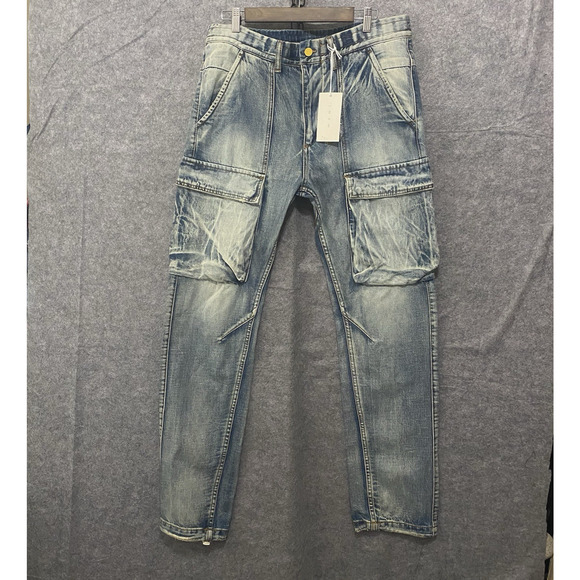 Mnml Cargo Jeans Mens 36‎ x 33 Light Blue Distressed Fade Drawstring NWT - Picture 1 of 10